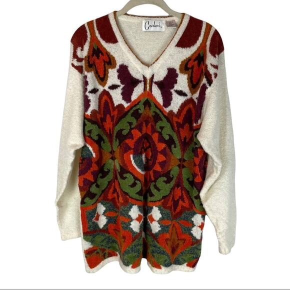 Vintage fall color floral v neck wool blend sweater - Picture 1 of 7